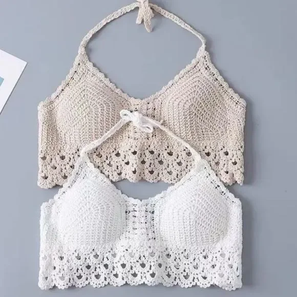 Bohemian Crochet Padded Bra Halter Crop Top - STYLE #2 - Picture 1 of 5